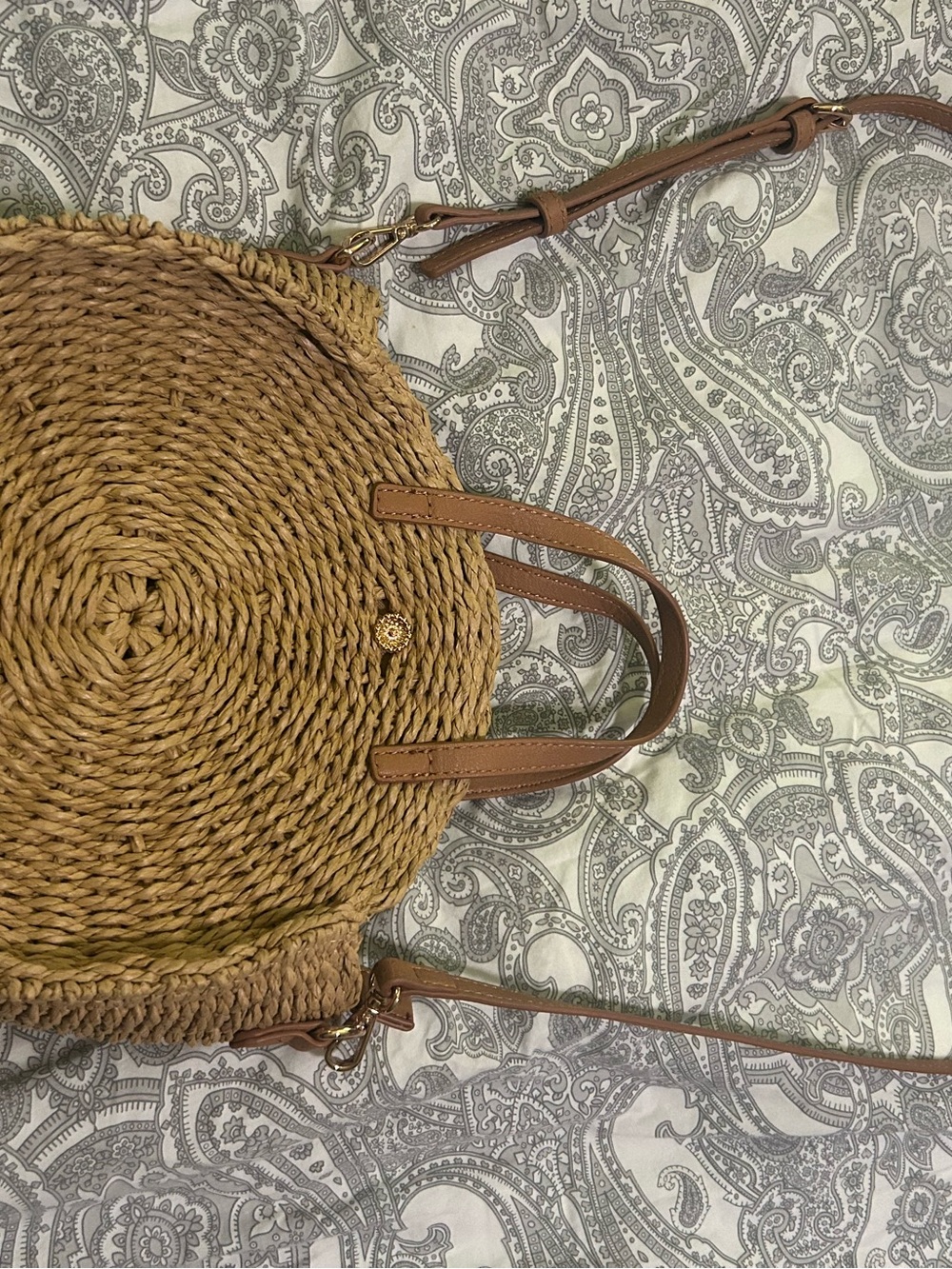 LC Lauren Conrad Round Woven Crossbody Bag in Natural and Brown
